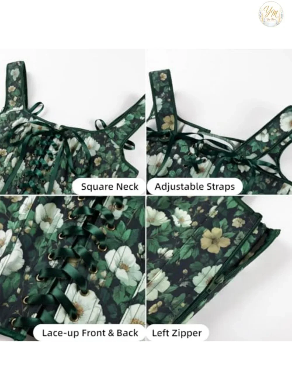 Overbust Corset with Boning, Sleeveless Lace-Up Floral Bustier